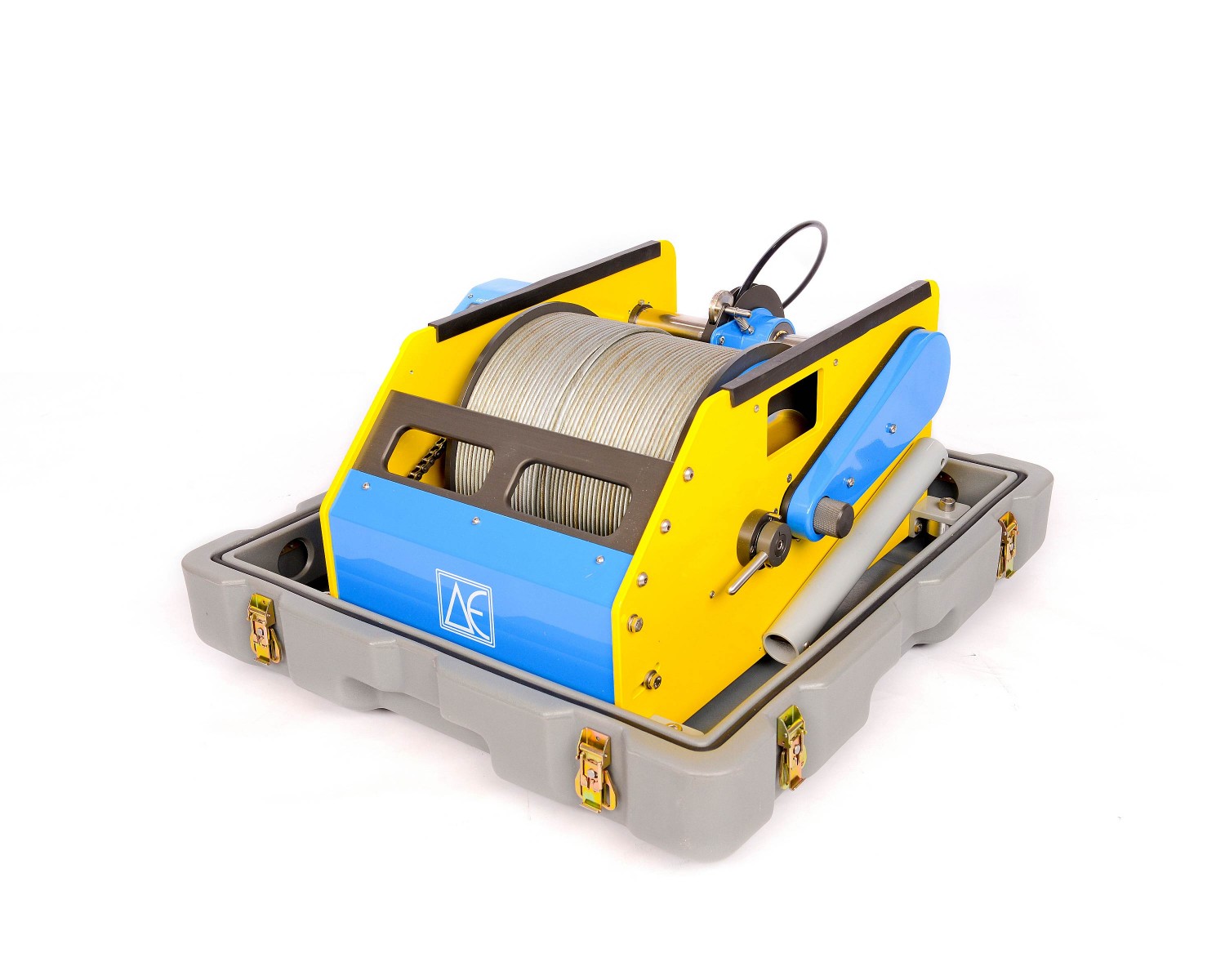 600DL portable borehole logger displayed in its carrying case with the reel exposed